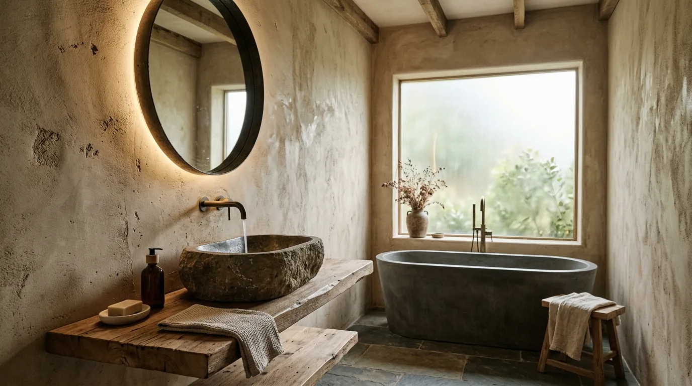 Create a bathroom that feels calm and elemental inspiration for a Wabi Sabi interior.